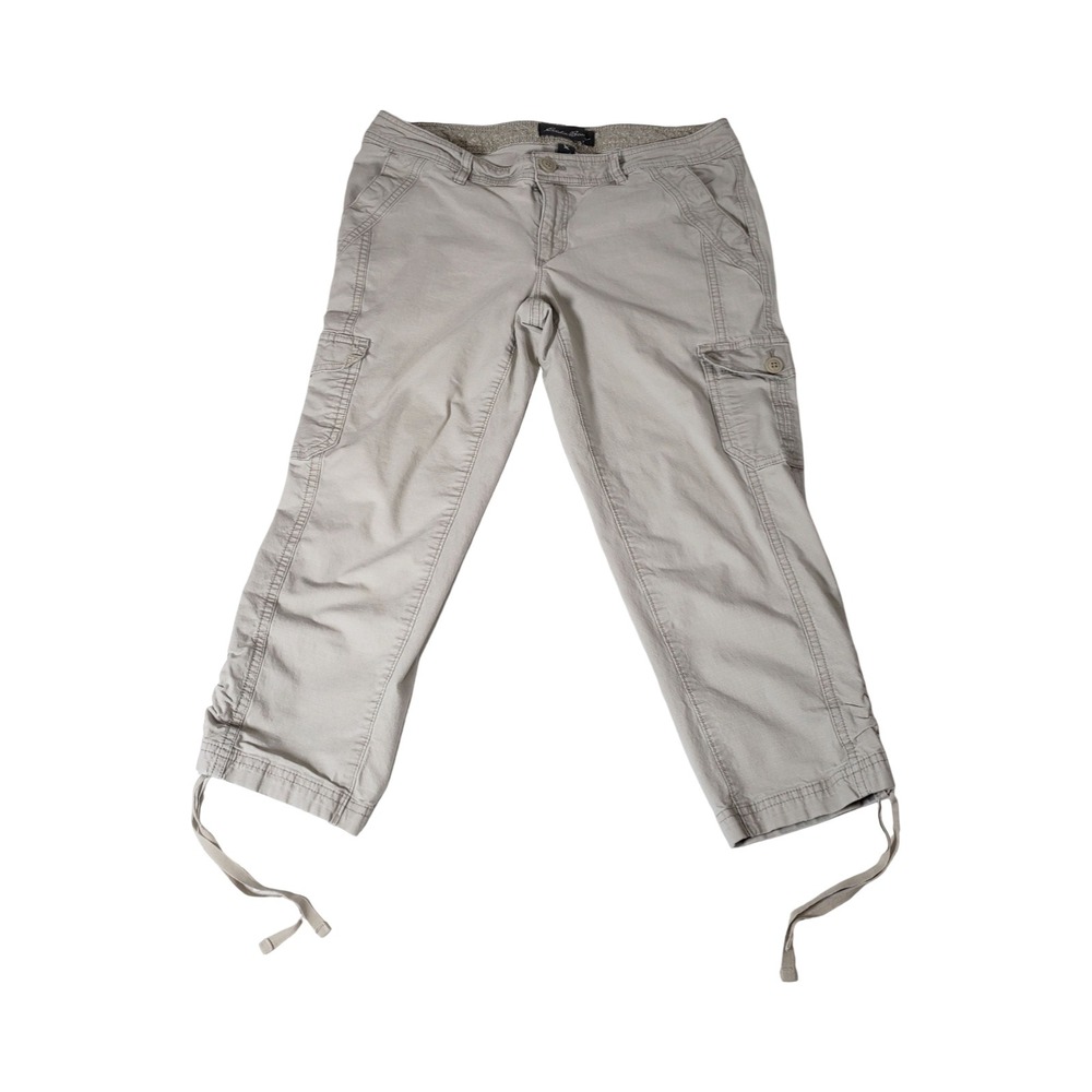 Eddie Bauer Womens Cargo Capri Pants Light Khaki Gray Drawstring Cuffs Size 6